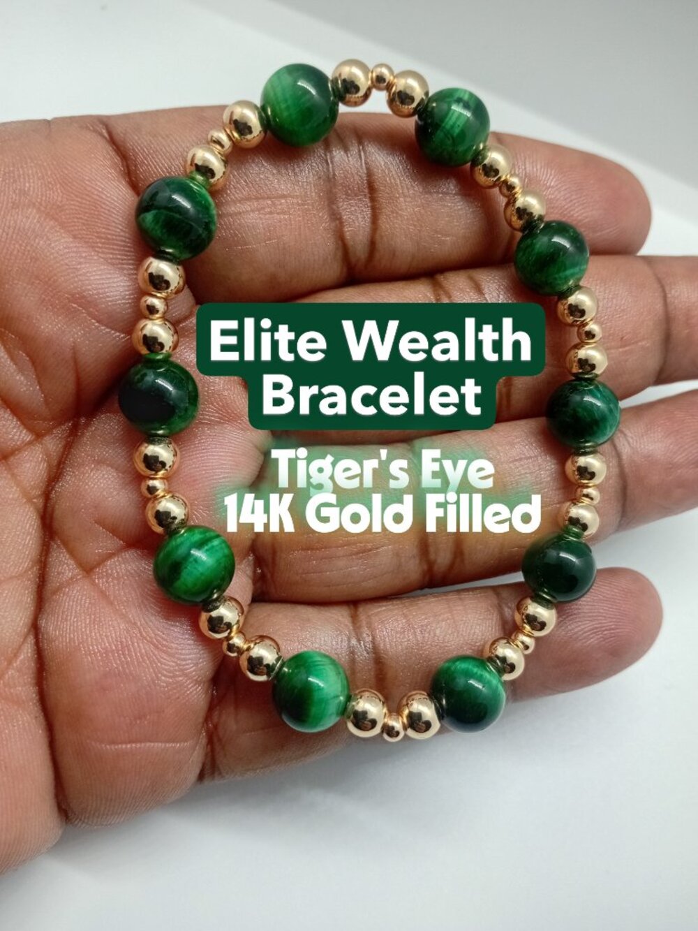 Green Tiger’s Eye Stretch Bracelet 14K Gold Filled | Elite Wealth Growth Focus